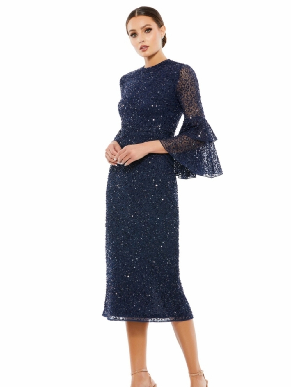 NWOT Mac Duggal Navy Sequin Lace Midi Dress Bell Tiered Sleeves Women 12 Fall 24